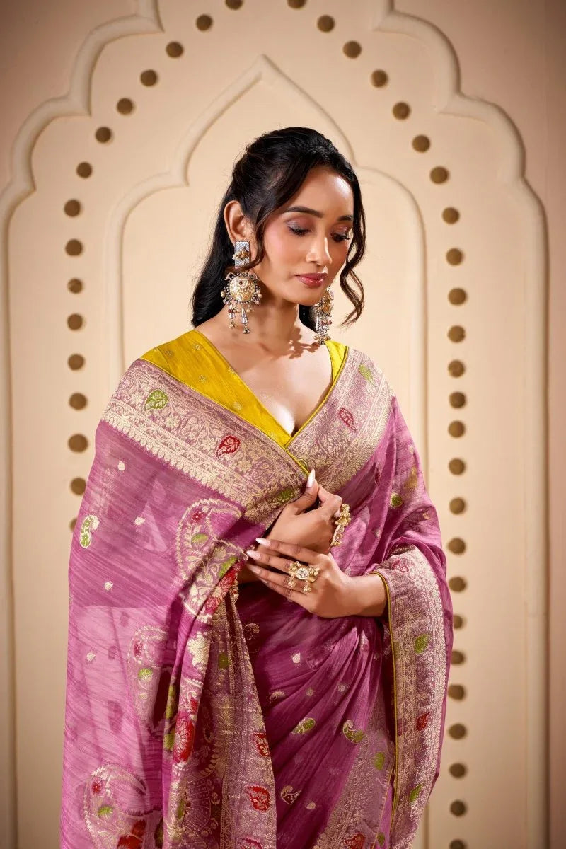 Woven Design Butta Work Weaving Handloom Saree With Blouse Piece - EZBER