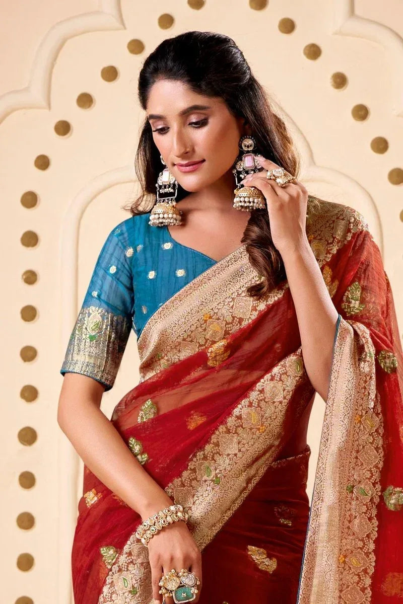 Red Tissue Crepe Saree with Blouse Piece  | EZBER