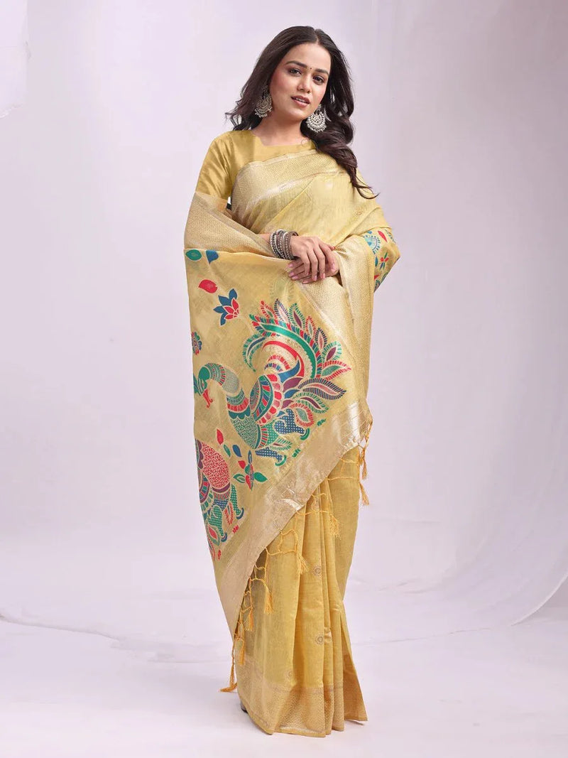 Yelllow Linen Cotton Saree With Blouse Piece - EZBER