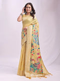 Yelllow Linen Cotton Saree With Blouse Piece - EZBER