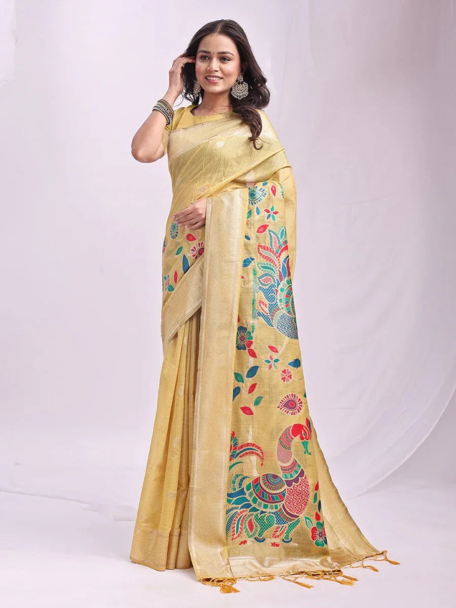 Yelllow Linen Cotton Saree With Blouse Piece - EZBER