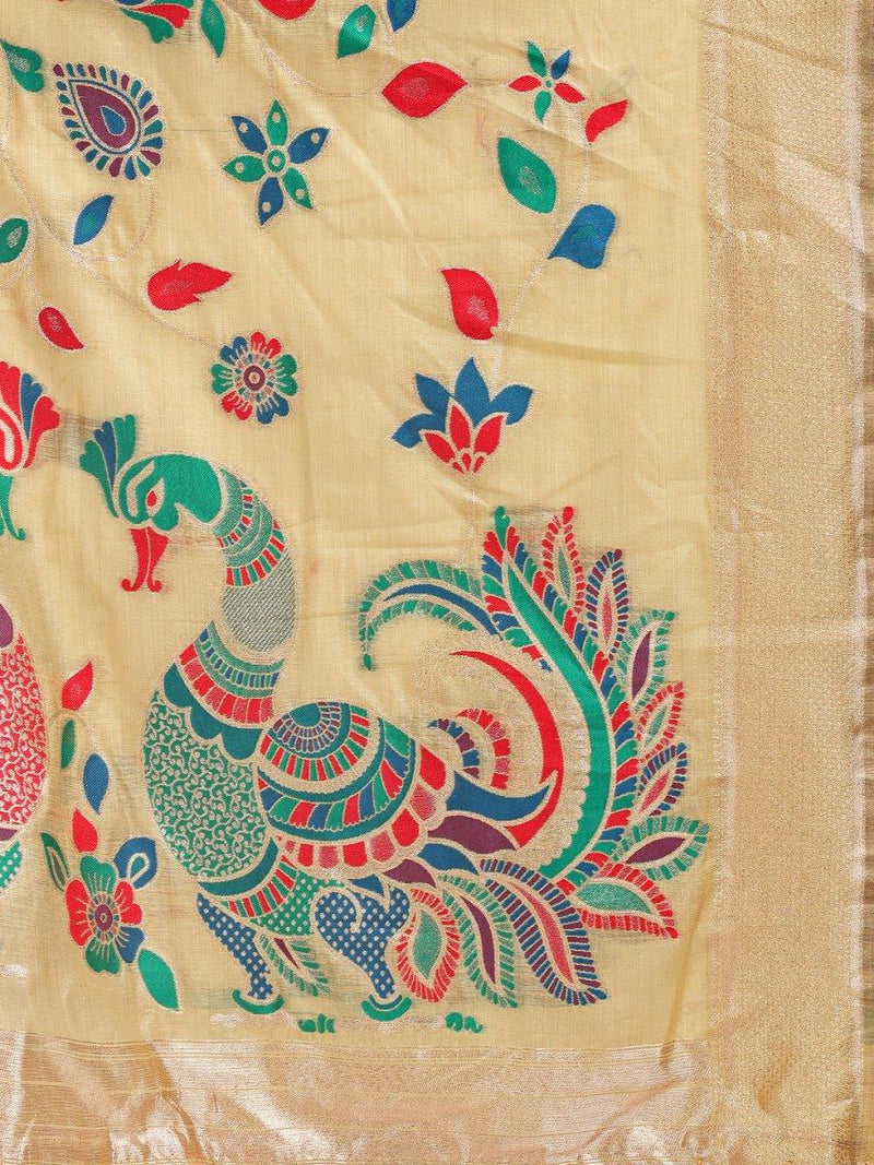 Yelllow Linen Cotton Saree With Blouse Piece - EZBER