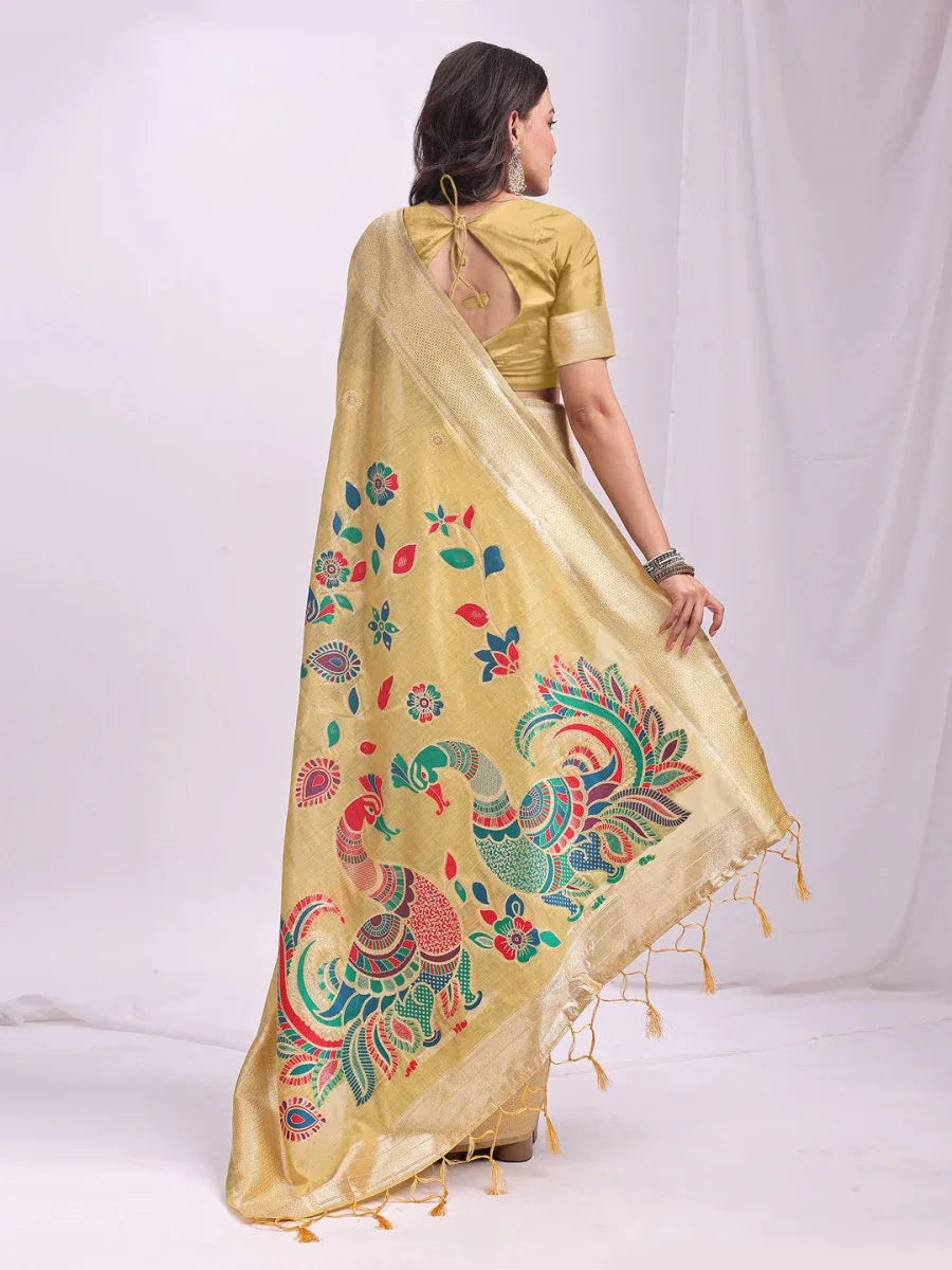 Yelllow Linen Cotton Saree With Blouse Piece - EZBER