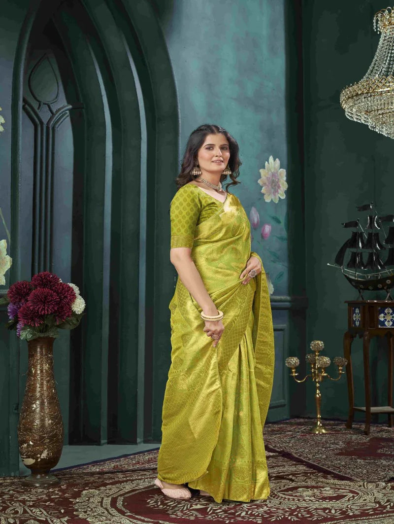 Yellow And Green Kanjivaram Saree - EZBER
