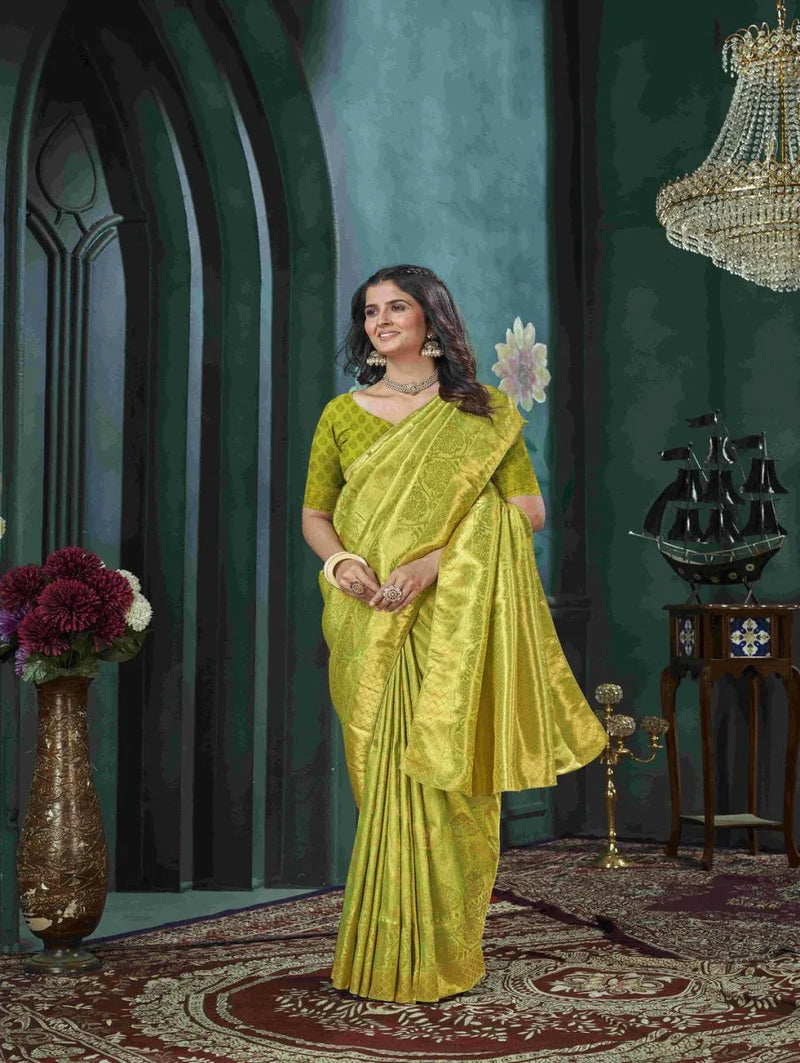 Yellow And Green Kanjivaram Saree - EZBER