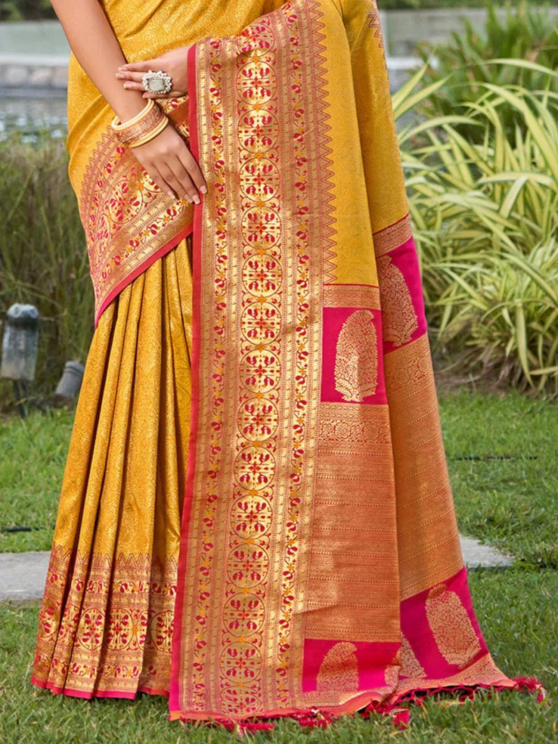Yellow Banarasi silk Saree With Blouse Piece - EZBER