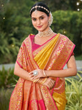 Yellow Banarasi silk Saree With Blouse Piece - EZBER