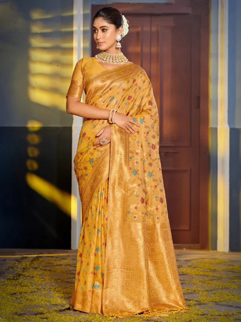 Yellow Banarasi silk Saree With Blouse Piece - EZBER
