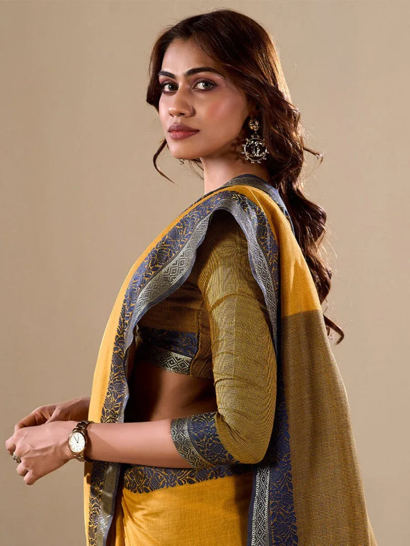 Yellow Cotton Festive Wear Saree With Blouse Piece - EZBER