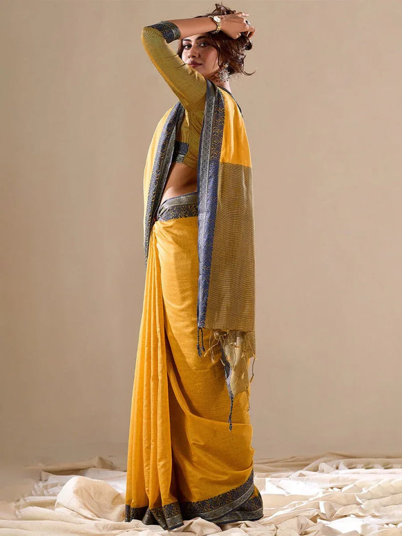 Yellow Cotton Festive Wear Saree With Blouse Piece - EZBER