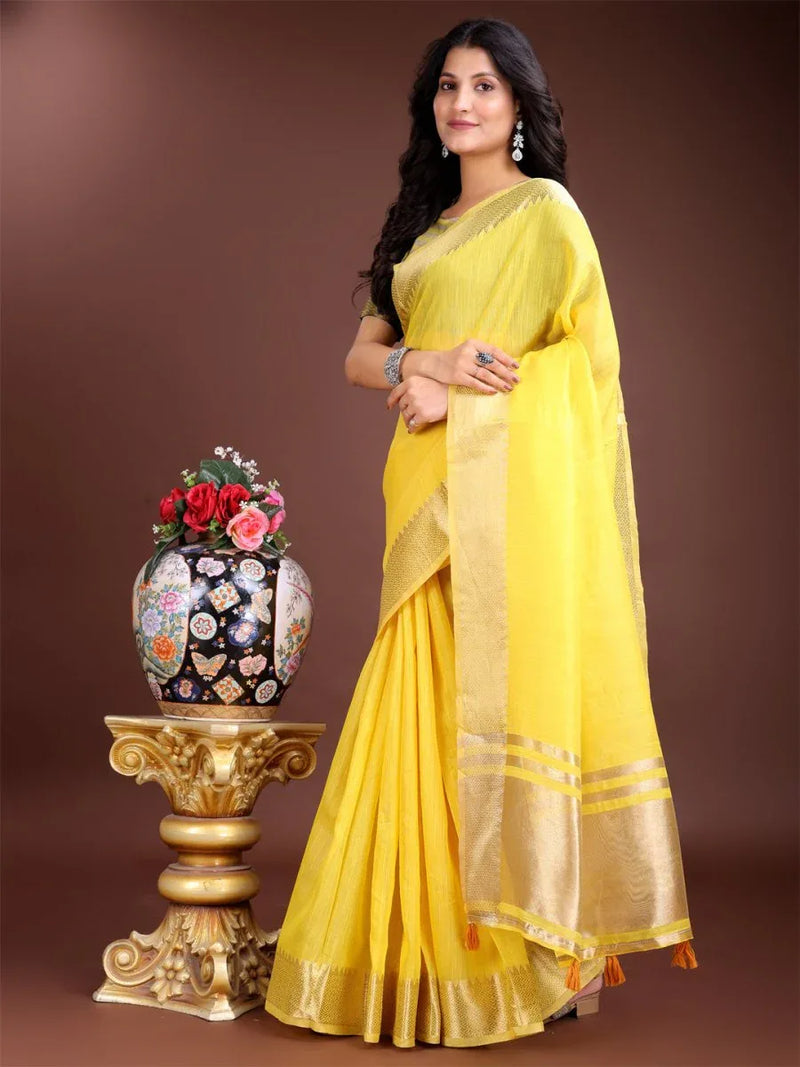 Yellow Cotton Saree With Blouse Piece - EZBER