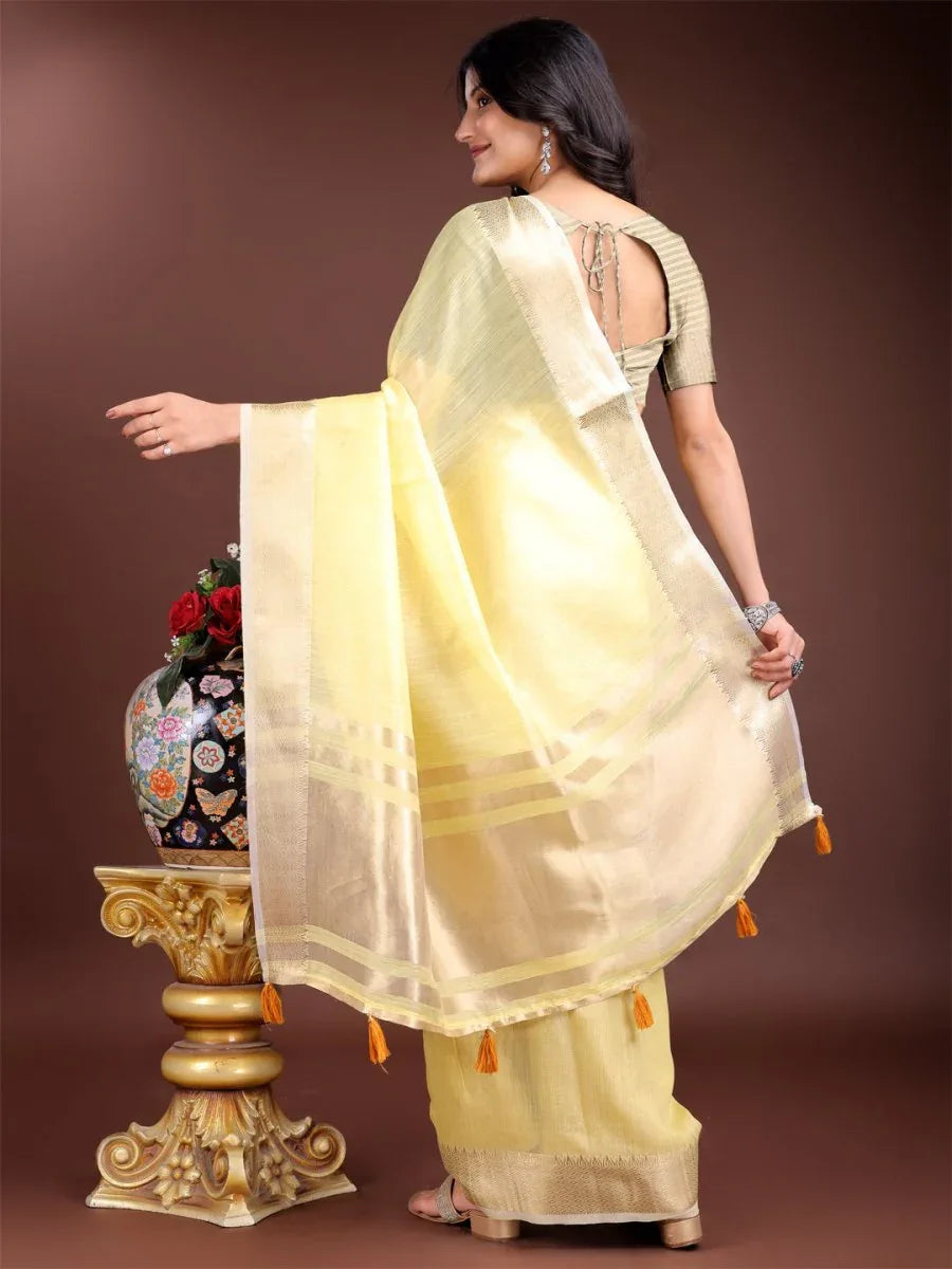 Yellow Cotton Saree With Blouse Piece - EZBER