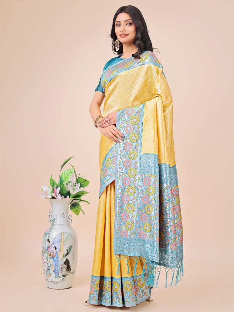 Yellow Lichi Silk Saree With Blouse Piece - EZBER