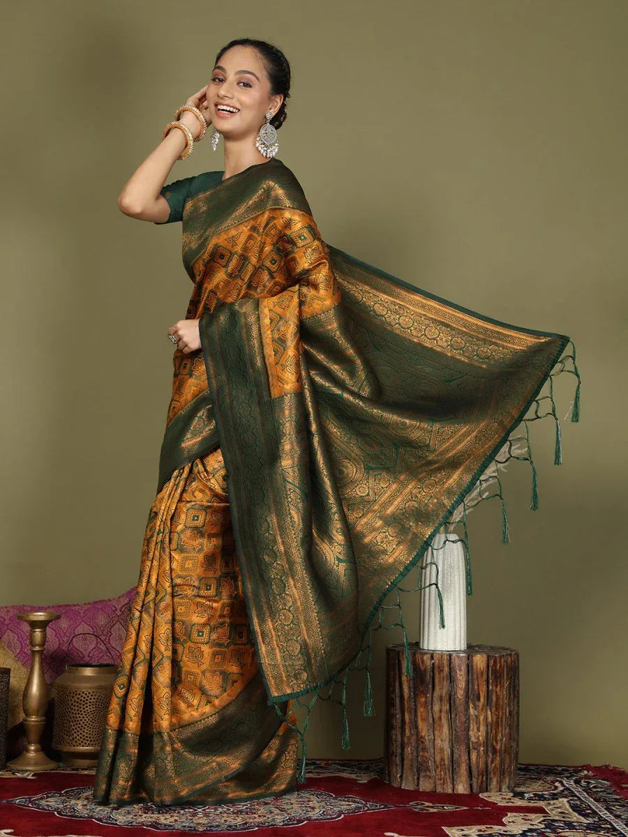 Yellow Lichi Silk Saree With Blouse Piece - EZBER