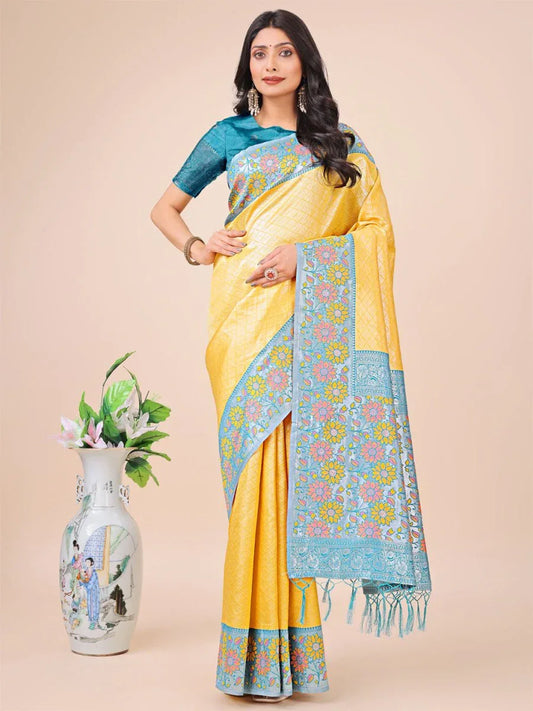 Yellow Lichi Silk Saree With Blouse Piece - EZBER