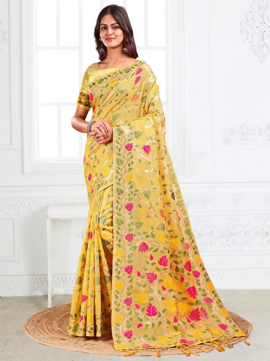 Yellow Linen Cotton Brocade Saree | EZB SI04 ASGUL1005 - EZBER