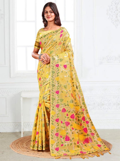 Yellow Linen Cotton Brocade Saree | EZB SI04 ASGUL1005 - EZBER