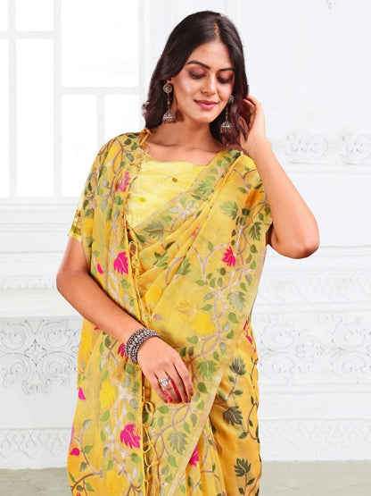 Yellow Linen Cotton Brocade Saree | EZB SI04 ASGUL1005 - EZBER