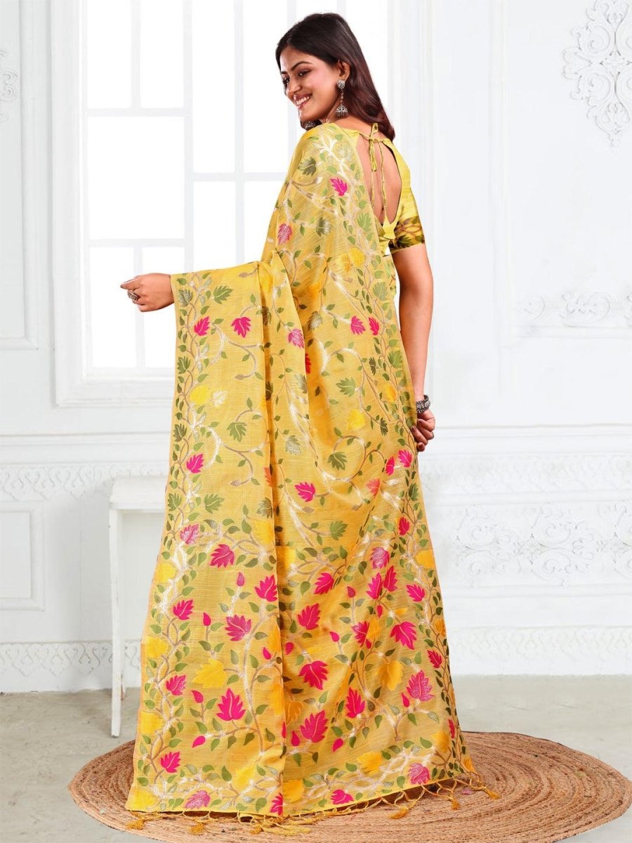 Yellow Linen Cotton Brocade Saree | EZB SI04 ASGUL1005 - EZBER