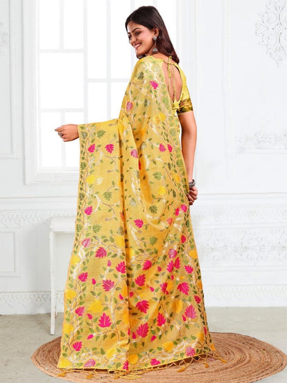 Yellow Linen Cotton Brocade Saree | EZB SI04 ASGUL1005 - EZBER