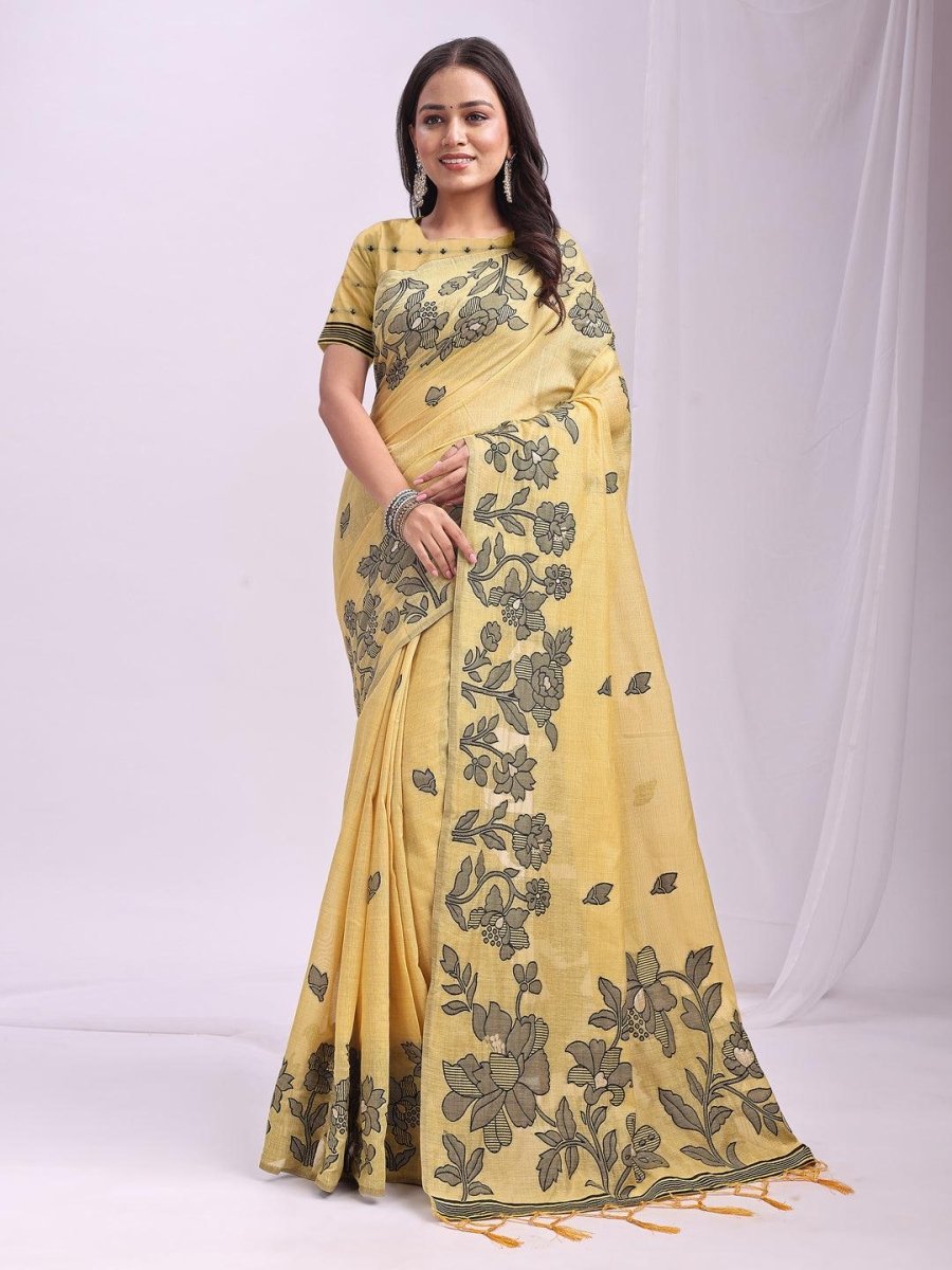 Yellow Linen Cotton Brocade Saree | EZB SI04 ASKSH1004 - EZBER