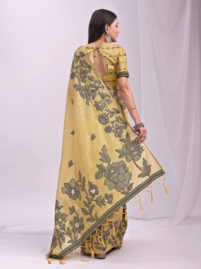 Yellow Linen Cotton Brocade Saree | EZB SI04 ASKSH1004 - EZBER