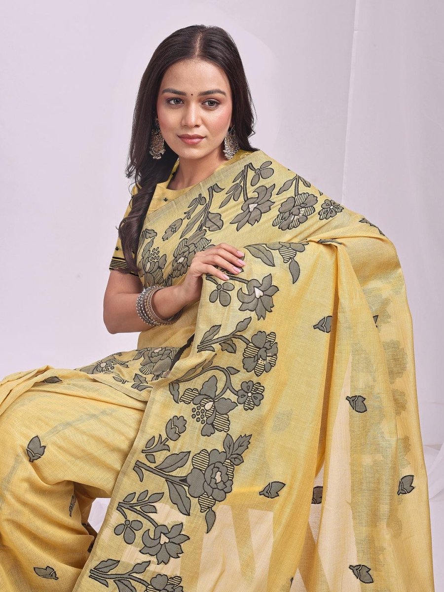 Yellow Linen Cotton Brocade Saree | EZB SI04 ASKSH1004 - EZBER