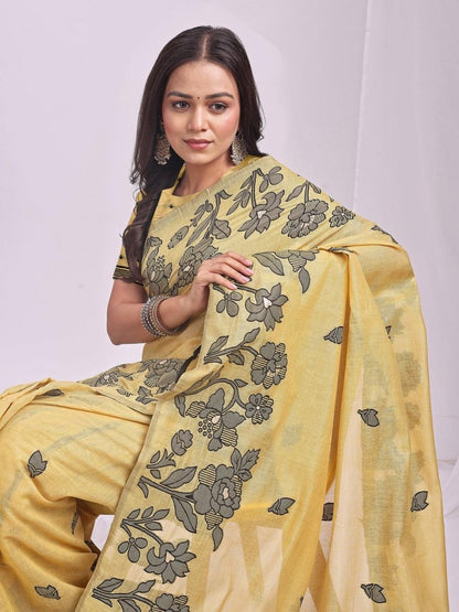Yellow Linen Cotton Brocade Saree | EZB SI04 ASKSH1004 - EZBER