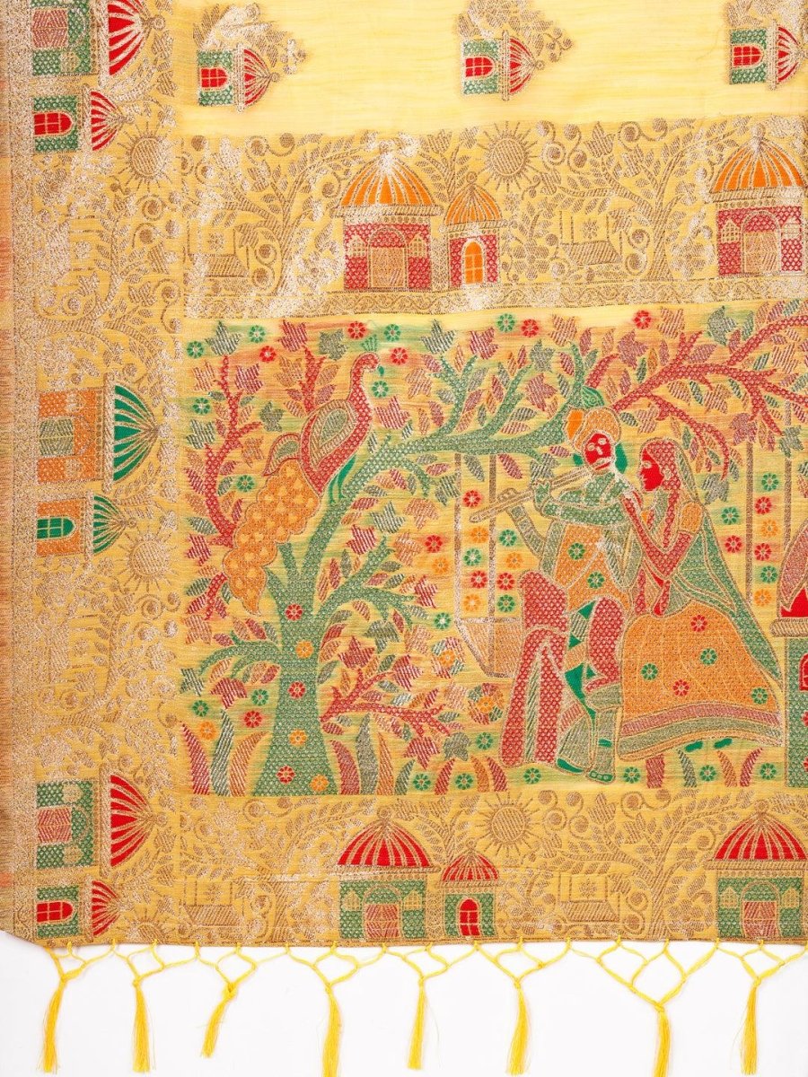 Yellow Linen-Cotton Brocade Saree | EZB SI04 ASLIN1001 - EZBER