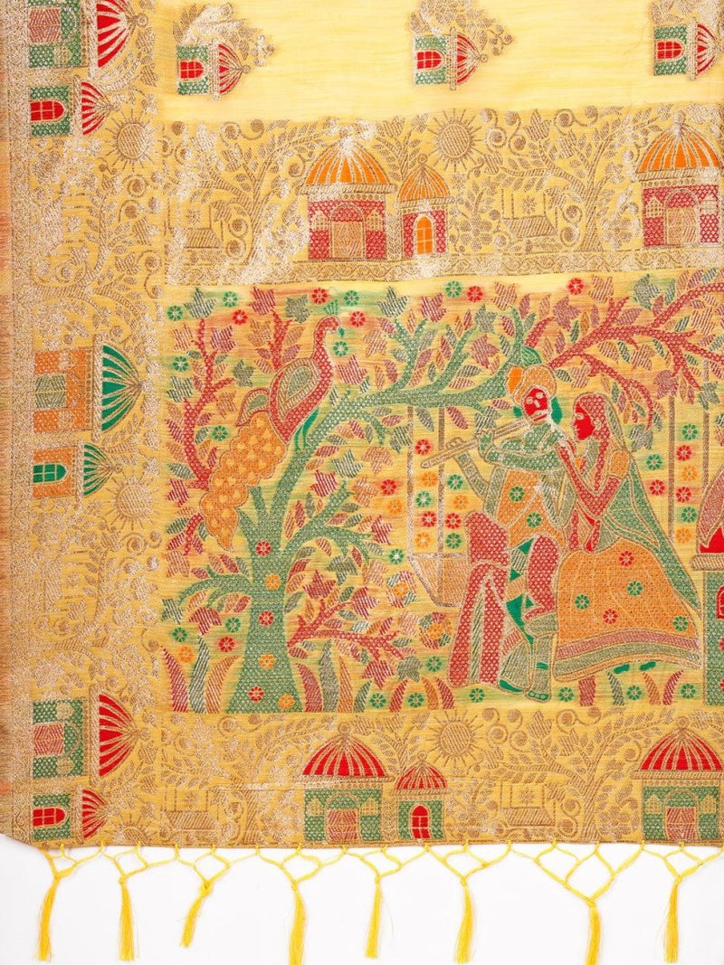 Yellow Linen-Cotton Brocade Saree | EZB SI04 ASLIN1001 - EZBER