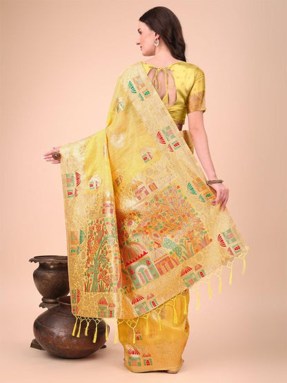 Yellow Linen-Cotton Brocade Saree | EZB SI04 ASLIN1001 - EZBER