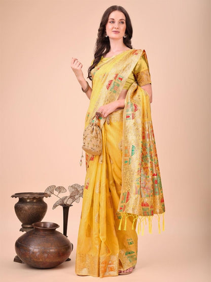 Yellow Linen-Cotton Brocade Saree | EZB SI04 ASLIN1001 - EZBER