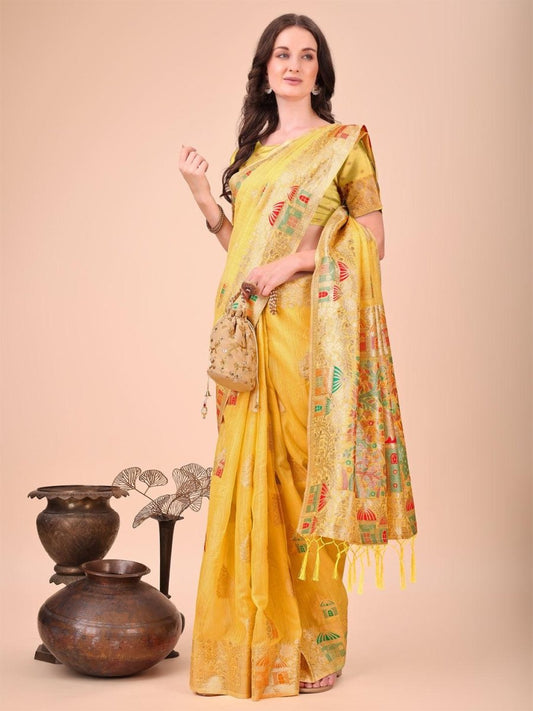 Yellow Linen-Cotton Brocade Saree | EZB SI04 ASLIN1001 - EZBER