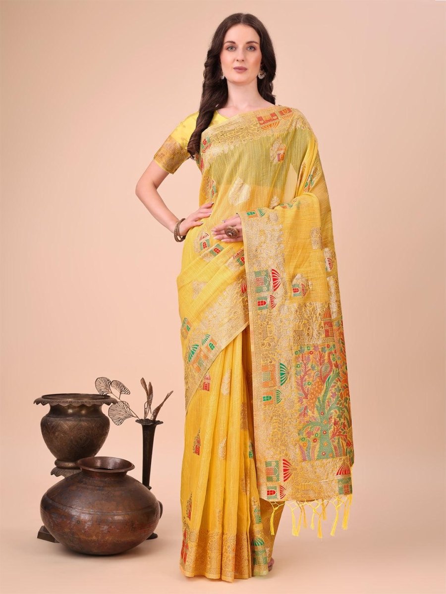 Yellow Linen-Cotton Brocade Saree | EZB SI04 ASLIN1001 - EZBER