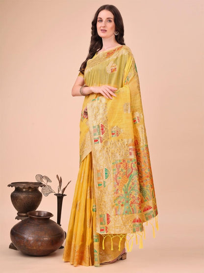 Yellow Linen-Cotton Brocade Saree | EZB SI04 ASLIN1001 - EZBER