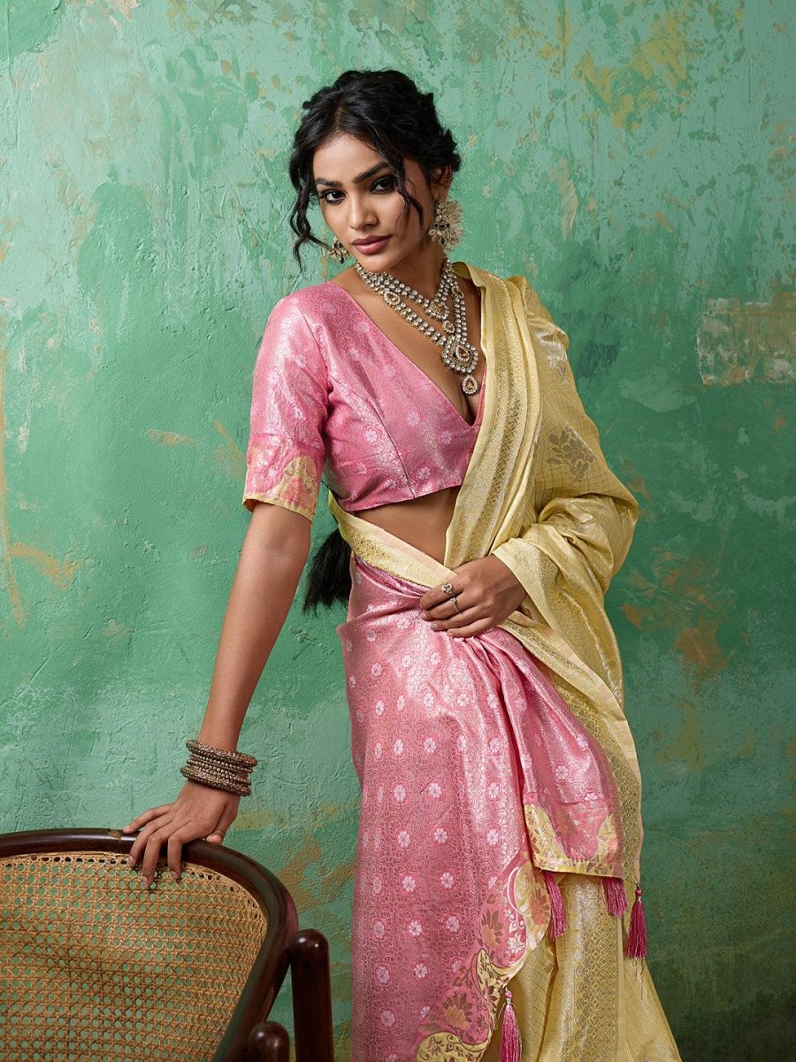 Yellow Linen Cotton Contrast Pallu Saree | EZB SI04 SUBLO1001 - EZBER