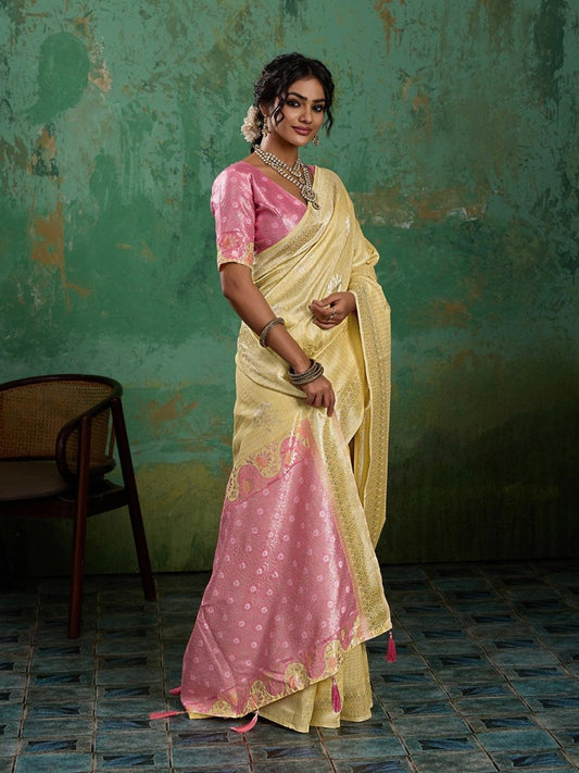 Yellow Linen Cotton Contrast Pallu Saree | EZB SI04 SUBLO1001 - EZBER