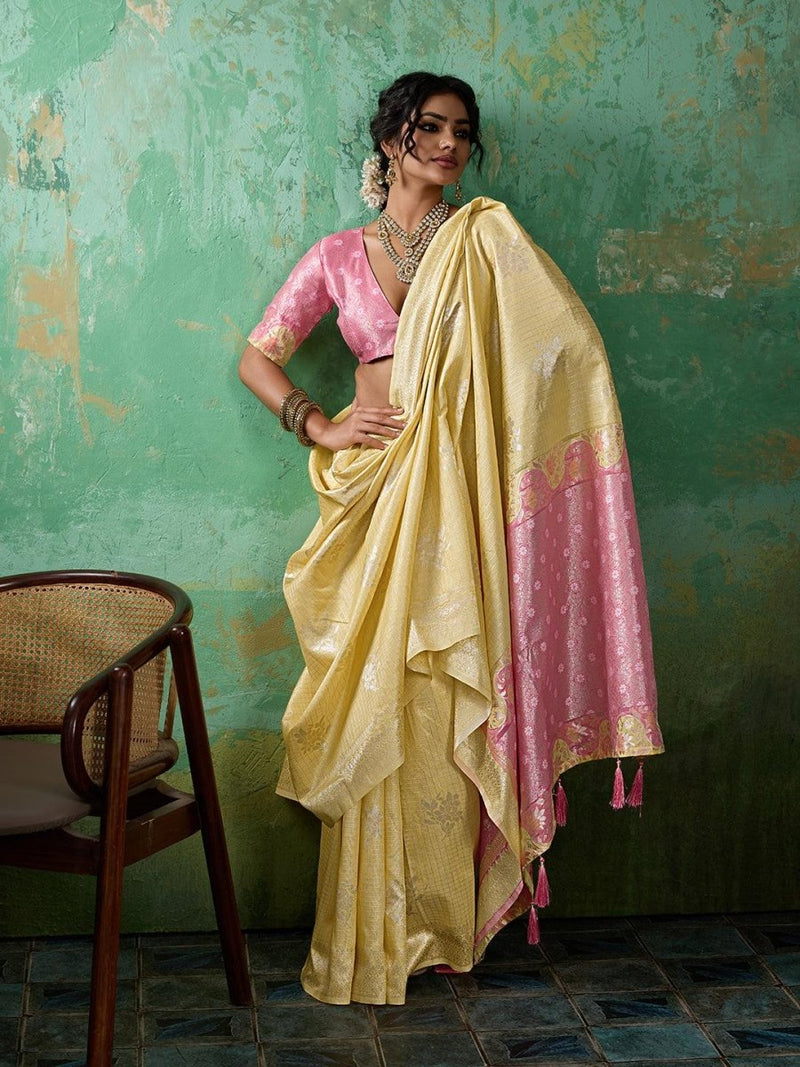 Yellow Linen Cotton Contrast Pallu Saree | EZB SI04 SUBLO1001 - EZBER