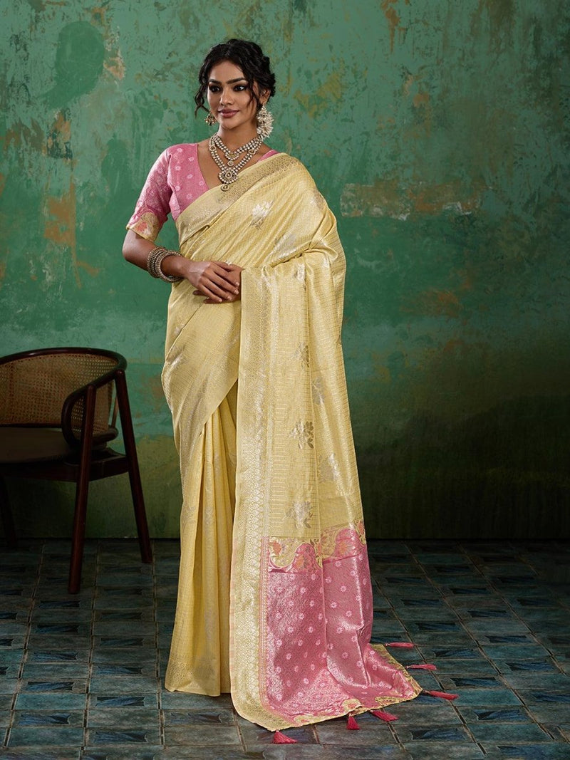 Yellow Linen Cotton Contrast Pallu Saree | EZB SI04 SUBLO1001 - EZBER