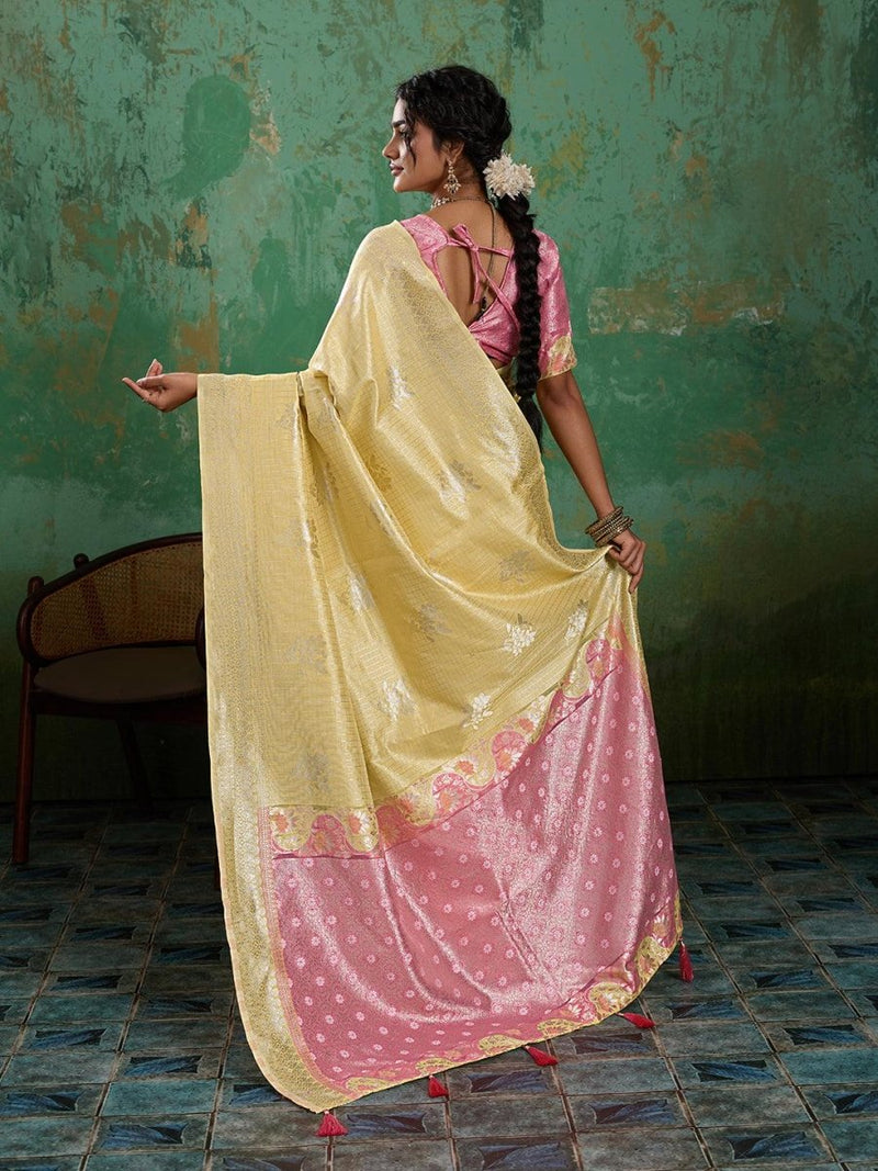 Yellow Linen Cotton Contrast Pallu Saree | EZB SI04 SUBLO1001 - EZBER