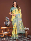 Yellow Linen Cotton Saree With Blouse Piece - EZBER