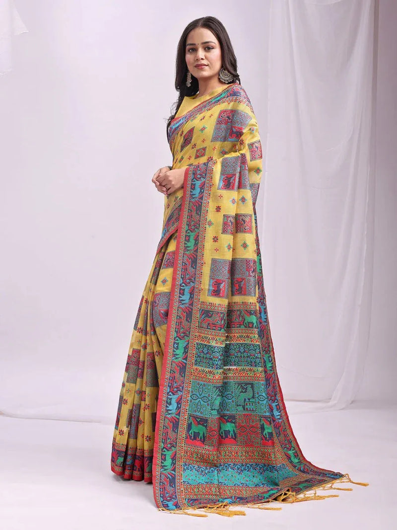 Yellow Linen Cotton Saree With Blouse Piece - EZBER