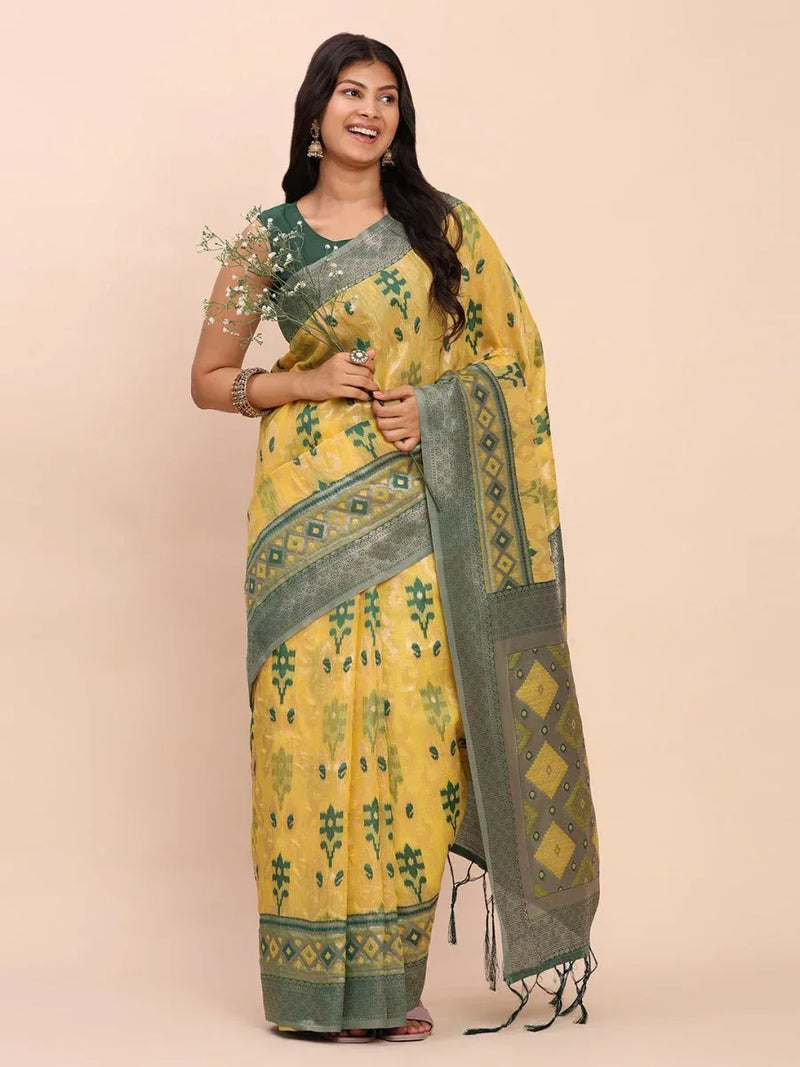 Yellow Linen Cotton Saree With Blouse Piece - EZBER