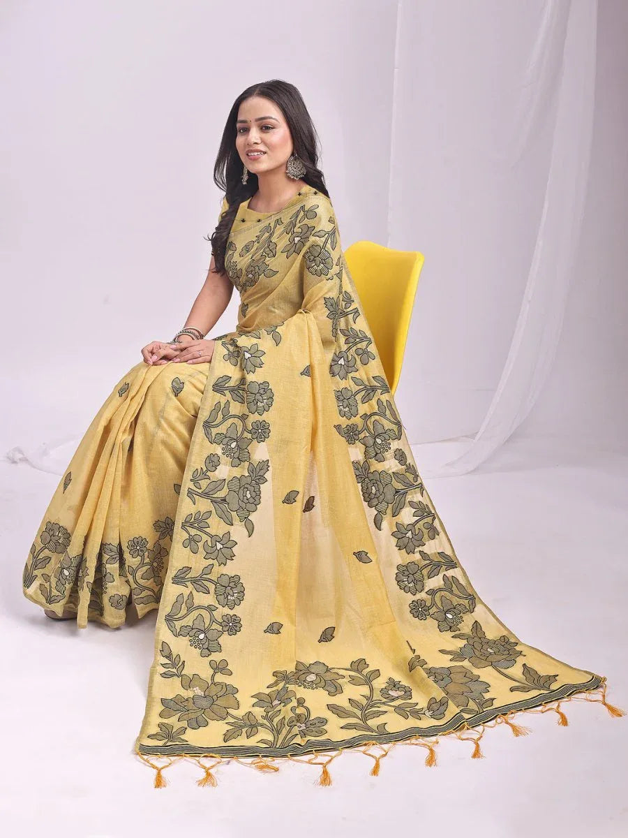 Yellow Linen Cotton Saree With Blouse Piece - EZBER