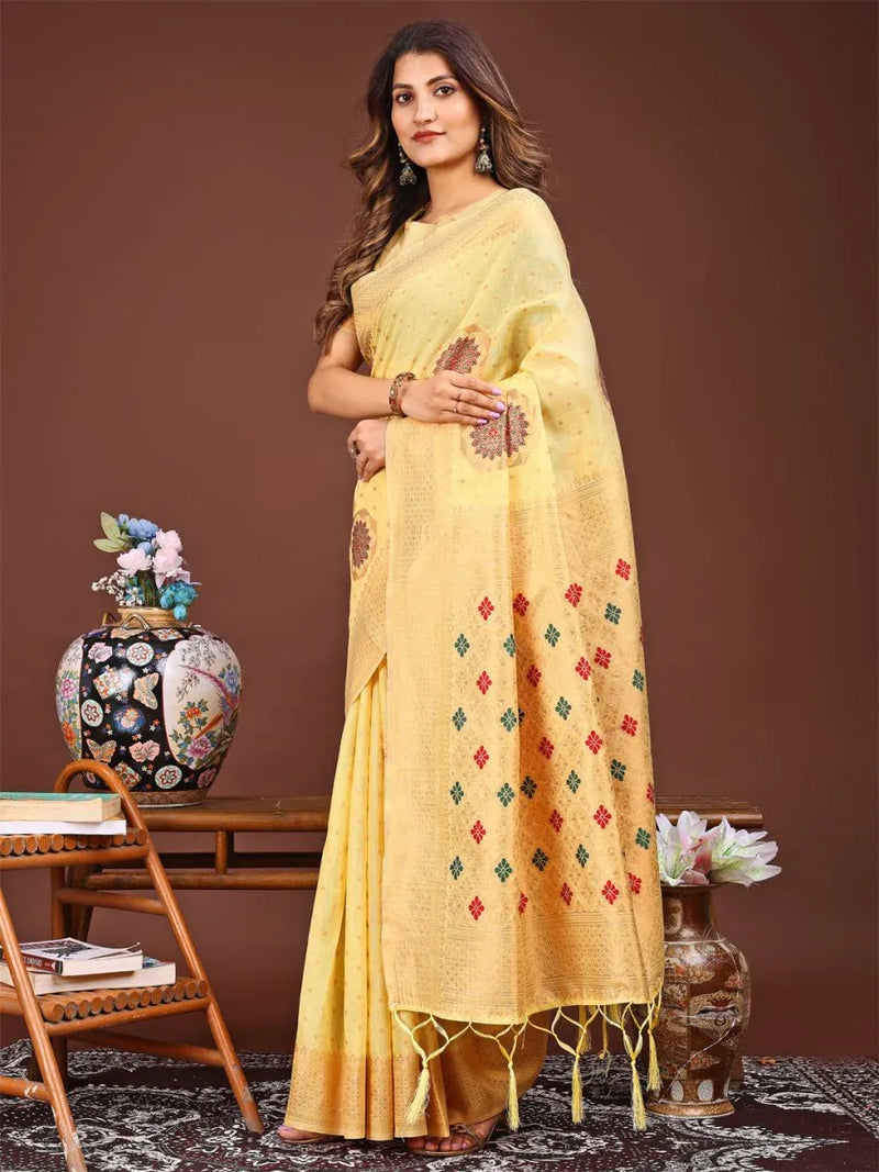 Yellow Linen Cotton Saree With Blouse Piece - EZBER