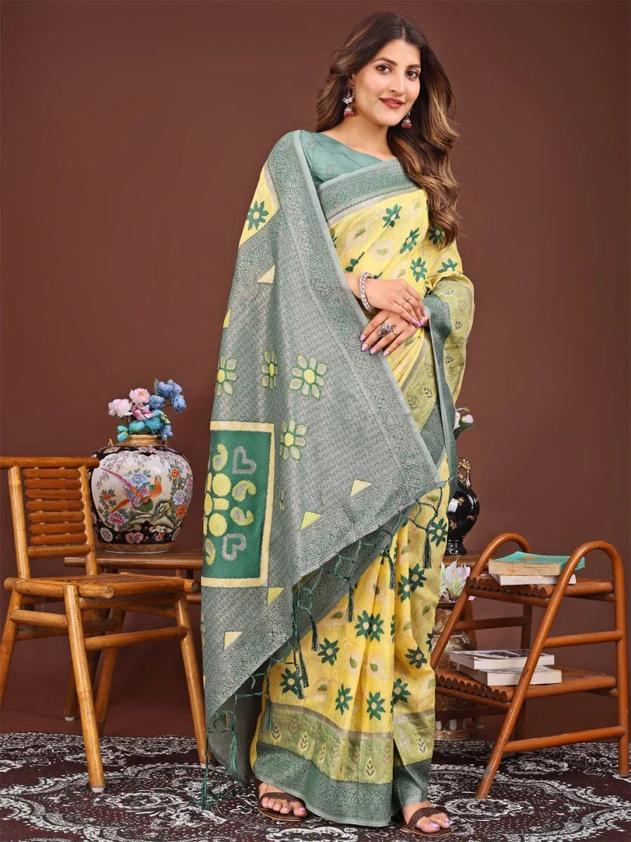 Yellow Linen Cotton Saree With Blouse Piece - EZBER