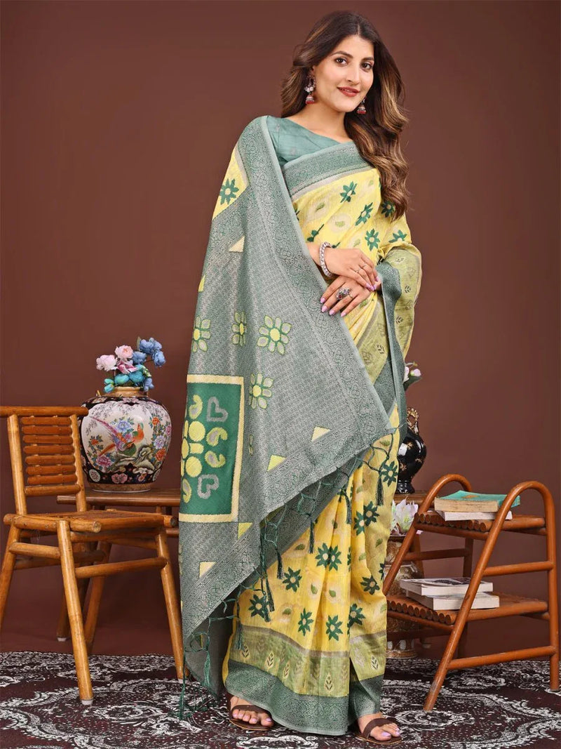 Yellow Linen Cotton Saree With Blouse Piece - EZBER