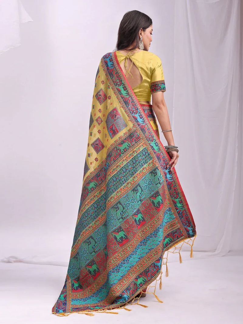 Yellow Linen Cotton Saree With Blouse Piece - EZBER