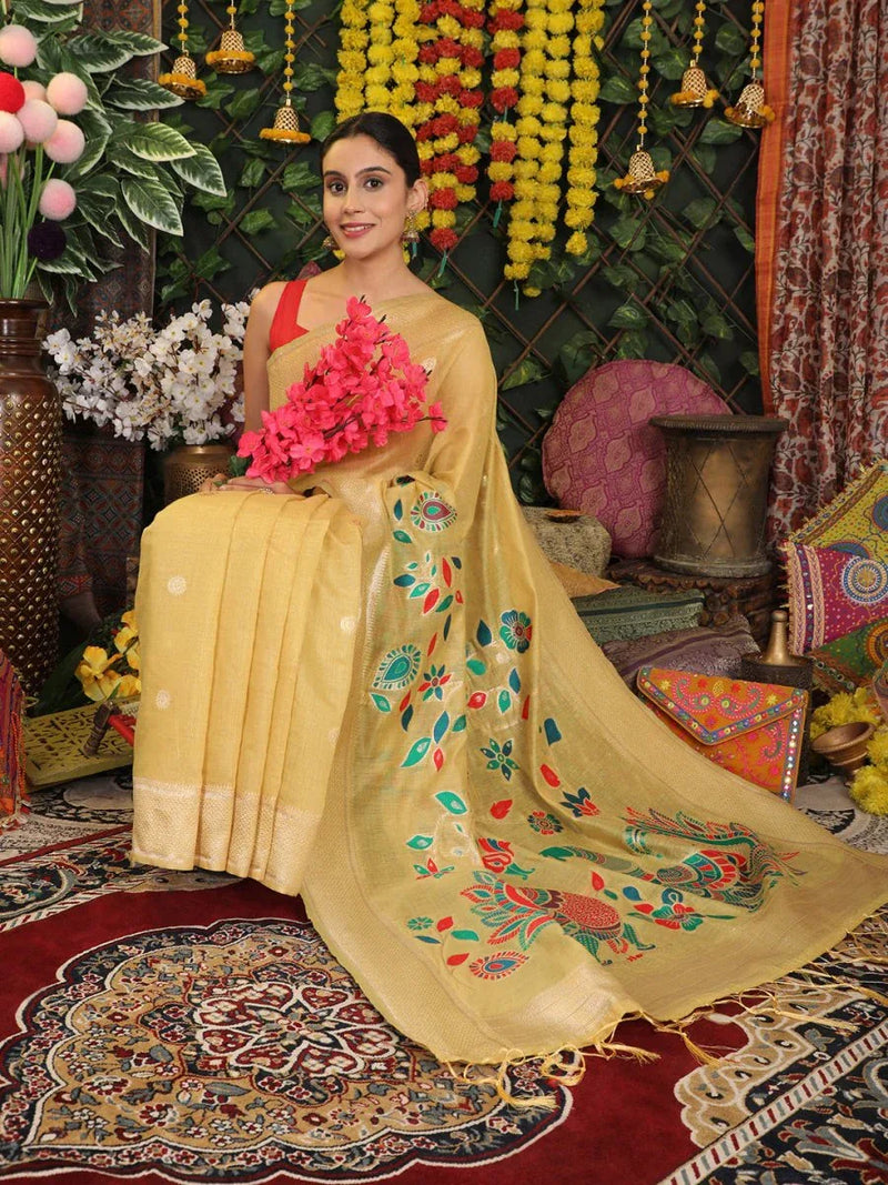 Yellow Linen Cotton Saree With Blouse Piece - EZBER