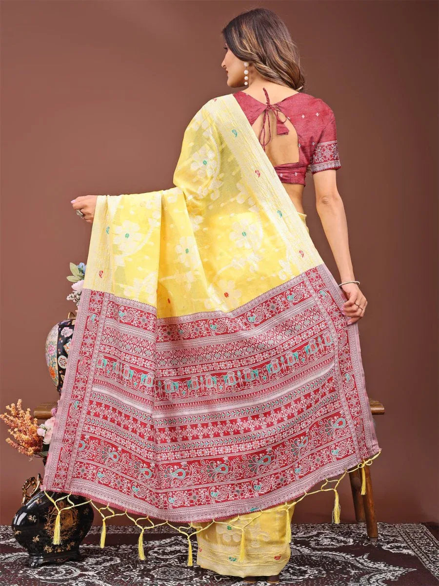 Yellow Linen Cotton Saree With Blouse Piece - EZBER